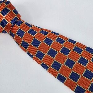 Paul Fredrick Geometric Silk Necktie Mens Orange Blue Check Pattern